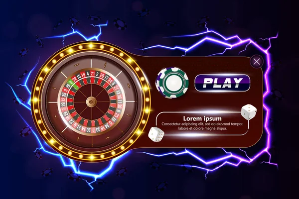 Casino poker webbanner met roulette, chips, dobbelstenen en play knop. Casino spel 3D-chips. Online casino-banner. Realistische casinofiches. Gokken concept, poker mobiele app icoon. Dobbel het vallen in de lucht — Stockvector