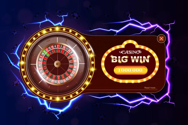 Casino poker web banner with roulette, chips, dice and play button. Casino game 3D chips. Online casino banner. Casino realistic chips. Gambling concept, poker mobile app icon. dice falling in the air — Stock Vector
