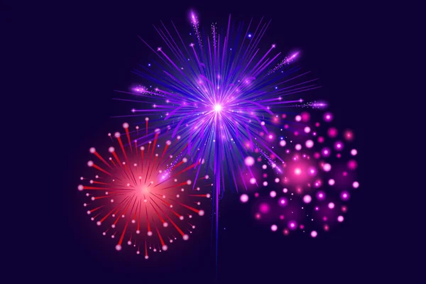 Fogos de artifício coloridos festivos em fundo azul escuro. Conjunto de Vector ilustração fogos de artifício realista. Fogos de artifício de Natal Ano Novo . — Vetor de Stock