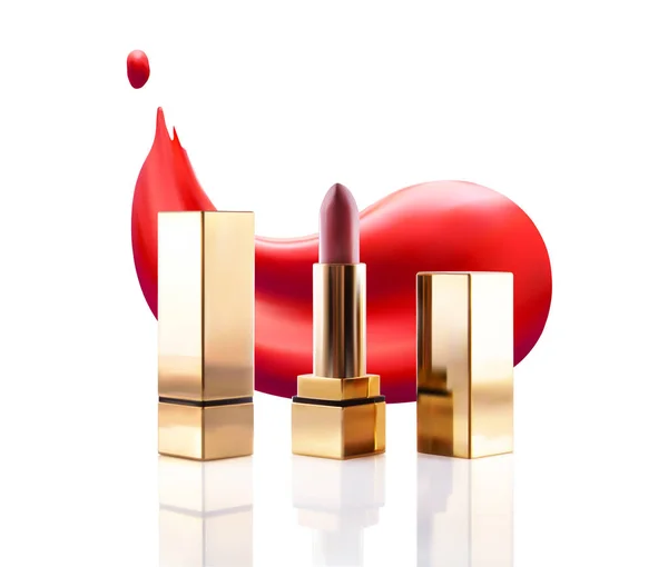 Realistische Lippenstift Kosmetik Make-up-Mockup-Set. Vektor 3d rosa rot goldene Farbe Pomade Röhre und Lippenstift wischen Abstrich. Schönheitsmode Frauen Gold Accessoire. sexy eleganten Glamour Gesicht Make-up Kosmetik. — Stockvektor