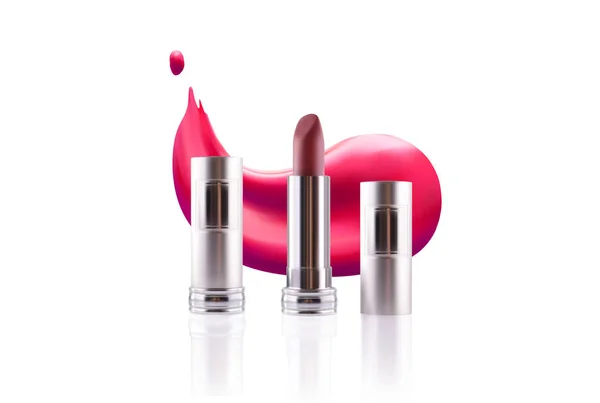 Lippenstift kosmetische Make-up-Mockup-Design-Vorlage. Vektor 3d rosa rot goldene Farbe Pomade Röhre und Lippenstift wischen Abstrich. Schönheitsmode Frauen Gold Accessoire. sexy eleganten Glamour Gesicht Make-up Kosmetik. — Stockvektor