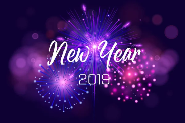 Frohes neues Jahr 2019 Illustration mit Feuerwerk und weiße Zahl auf glänzend blauem Hintergrund. Vektor-Urlaubsdesign für Premium-Grußkarte, Party-Einladung oder Promo-Banner. — Stockvektor