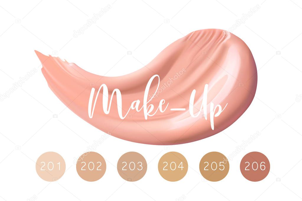 Cosmetic liquid foundation smudge smear stroke. Make up smear isolated on white background. Makeup concealer paint. 3d vector tone promo for different skin color types.