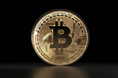 Bitcoin altın sikke. Dijital para. Cryptocurrency. Para ve finans simgesi. İllüstrasyon koyu siyah arka plan üzerine. 3D render.