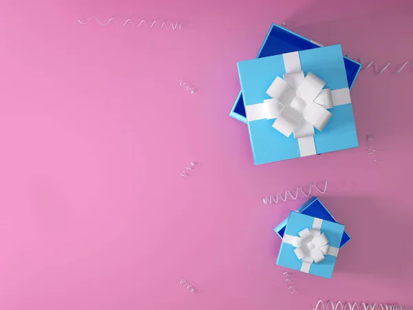Boże Narodzenie i nowy lata otwarte niebieski ofiara Zobacz box top na różowym tle. renderingu 3D otwarte pudełko. — Zdjęcie stockowe