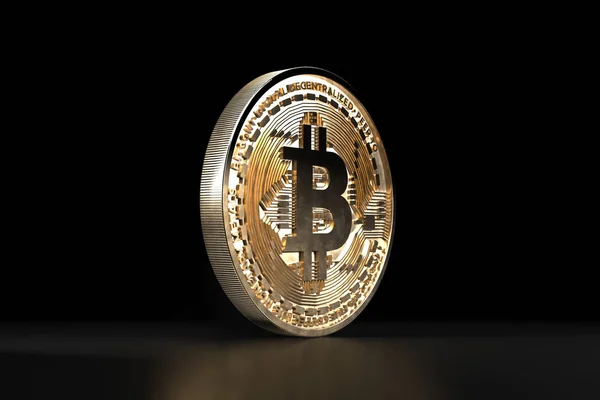 Bitcoin altın sikke. Dijital para. Cryptocurrency. Para ve finans simgesi. İllüstrasyon koyu siyah arka plan üzerine. 3D render.