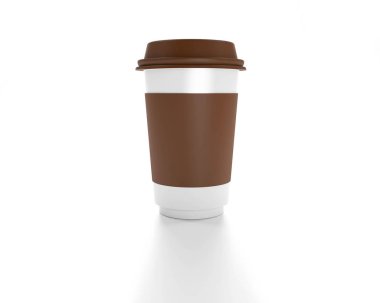 Beyaz tek kullanımlık kağıt bardak beyaz zemin üzerine, 3d render sahte kadar kahverengi plastik kapaklı. Boş polistren kahve kupa mockup önden görünüm içme. Açık sade çay paket götürün