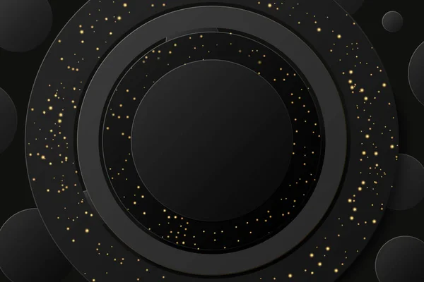 Abstracte zwarte gouden sprankelende ring met gouden Glitters geïsoleerd op zwarte achtergrond. Vector ronde gouden vaandelframe met plaats voor tekst. — Stockvector