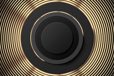 Soyut altın siyah posteri veya başlığı. Altın yüzük ve siyah düğme banner. Altın arka plan basamaklı yüzük geometrik şekiller desenli. Vektör iş illüstrasyon reklamlar şablonu.
