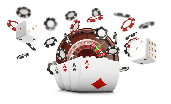 Игральные карты и фишки для покера летают казино. Концепция рулетки казино на белом фоне. Покерная векторная иллюстрация казино. Красно-черная реалистичная фишка в воздухе. Игровой покер иконка мобильного приложения . — стоковый вектор