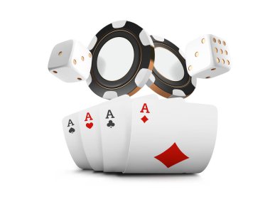 İskambil, poker fişleri ve zar casino beyaz arka plan üzerinde uçmak. Poker casino vektör çizim. Online casino oyun kumar tablo 3B vektör kavramı.