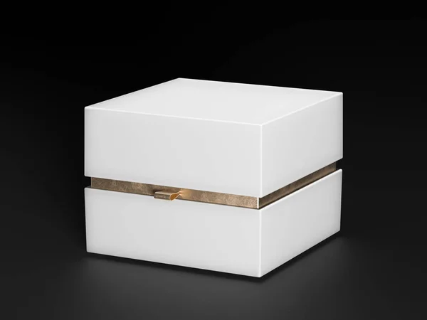 ホワイト ボックス。黒い背景に白い正方形の黄金色のボックス。モックアップのパッキング。ギフト ボックス。3 d レンダリング. — ストック写真
