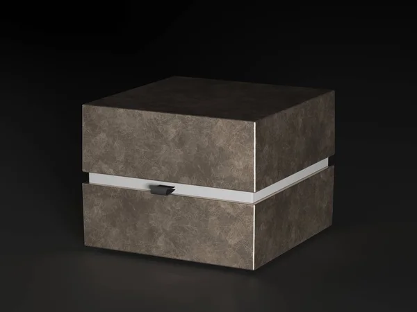 Δερμάτινο κουτί δώρου. Πλατεία goldenbox σε μαύρο φόντο. Συσκευασία για mockup. Συσκευασία δώρου. 3D rendering. — Φωτογραφία Αρχείου