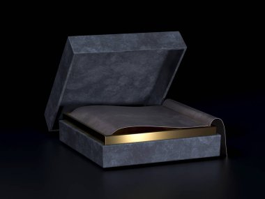 Deri siyah hediye kutusu. Siyah zemin üzerine altın kutusunu kare. Mockup için ambalaj. Hediye kutusu. 3D render.