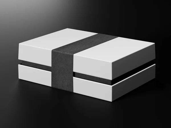 La scatola bianca fa finta di niente. Modello di scatola di cartone bianco piatto bianco vuoto che giace su sfondo nero Collezione di imballaggi. Rendering 3D . — Foto Stock