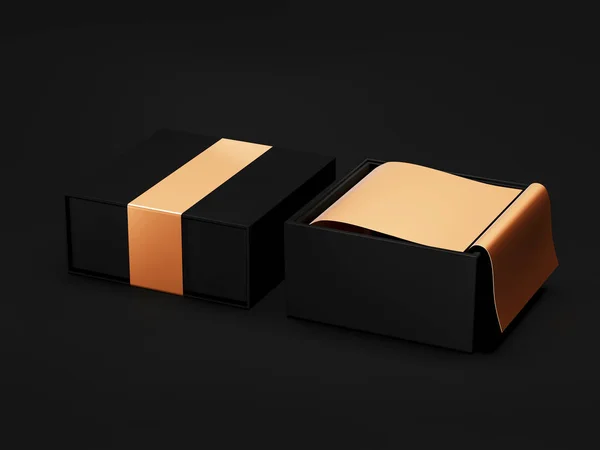 Scatola regalo nera aperta Mockup su sfondo nero, rendering 3d. Scatola di imballaggio di lusso per prodotti premium. Scatola quadrata dorata su sfondo nero. Imballaggio per il mockup. Scatola regalo . — Foto Stock