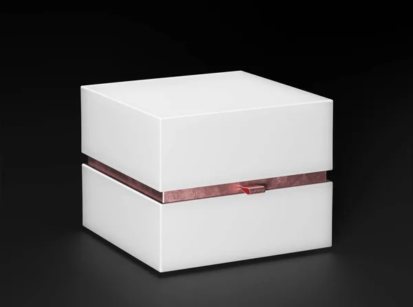 Beyaz kutu. Siyah arka plan üzerine beyaz kare altın rengi kutusu. Mockup için ambalaj. Hediye kutusu. 3D render. — Stok fotoğraf