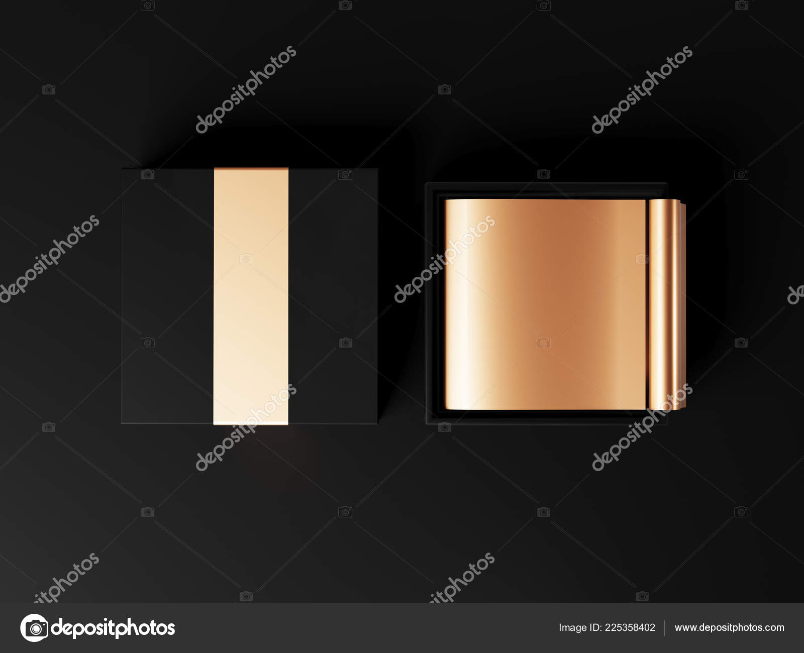 Download Opened Black Gift Box Mockup On Black Background 3d Rendering Luxury Packaging Box With Golden Wrapping Paper For Premium Products Square Golden Box On Black Background Packing For Mockup Stock Photo