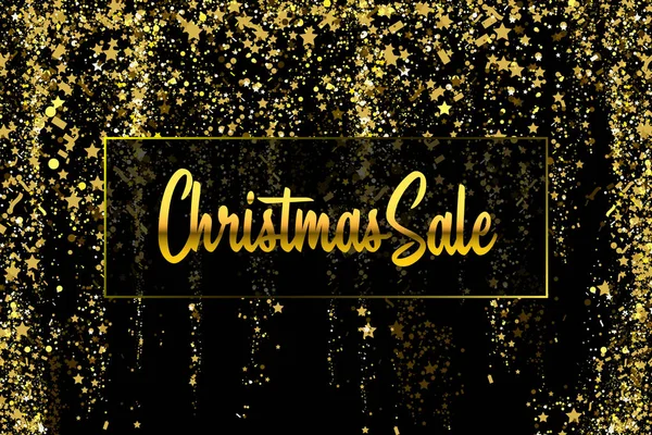 Christmas Sale Gold glitter confetti texture on a black background. Golden Christmas banner. Gold grainy dust abstract texture on a black background. Christmas background design element. — Stock Vector