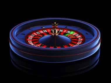 Siyah arka plan üzerine izole mavi Casino rulet tekerleği. Modern Casino Rulet poker masası için. Casino oyun 3d nesne. 3D render illüstrasyon.