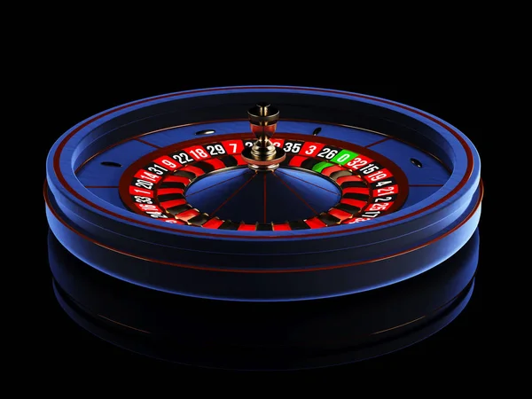 Azul Casino ruleta rueda aislada sobre fondo negro. Moderna ruleta de casino para mesa de póquer. Casino juego de objetos 3D. Ilustración de representación 3d . — Foto de Stock