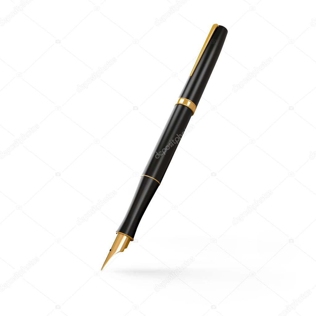 Classic fountain pen isolated on white background. 3d rendering illustration. Fountain pen closeup.