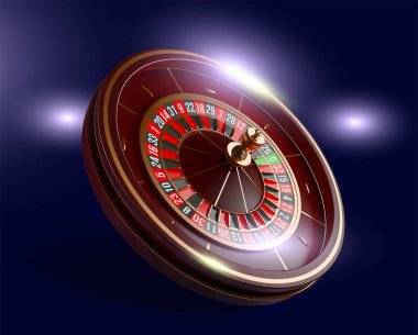Casino rulet tekerleği üzerinde mavi arka plan izole. 3D gerçekçi vektör çizim. Konsept tasarımı kumar online poker casino rulet.