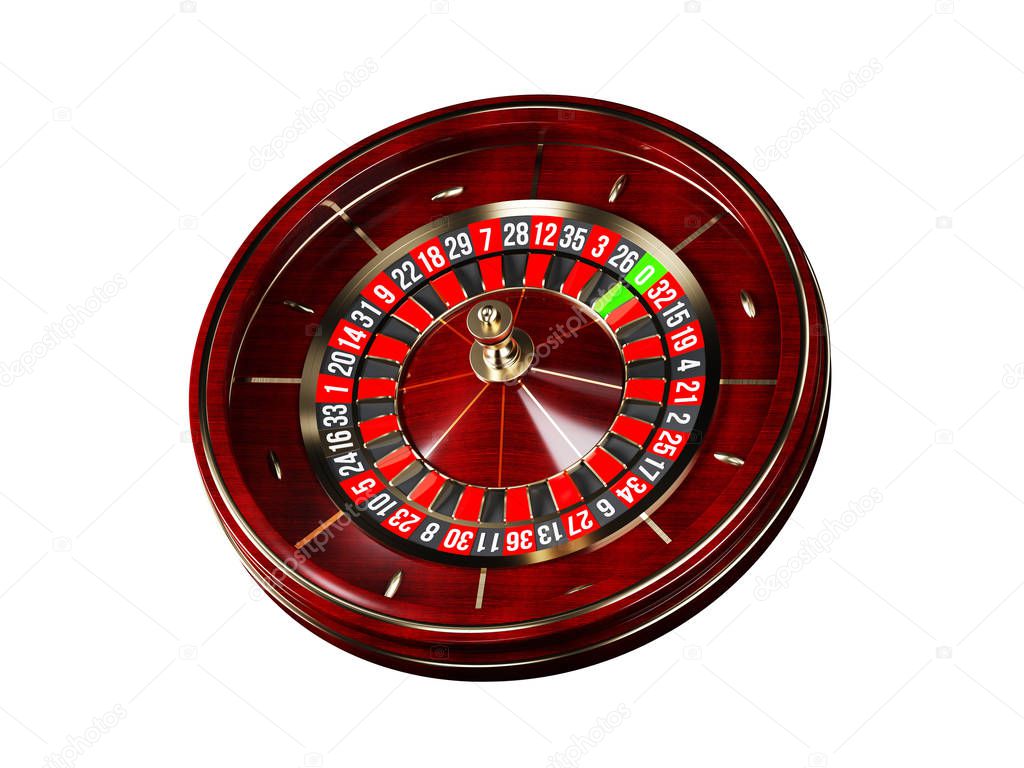 Luxury Casino roulette wheel isolated on white background. Wooden Casino roulette 3d rendering illustration.