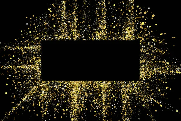 Gold glitter party confetti texture banner frame with place for text on the black background. Золотой взрыв конфетти. Красочные зернистые пыли абстрактной текстуры. Элемент рождественского дизайна . — стоковый вектор