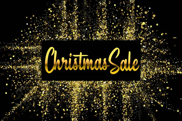 Christmas Sale Gold glitter confetti texture ftame on a black background. Golden Christmas banner. Gold grainy dust abstract texture on a black background. Christmas background design element. — Stock Vector