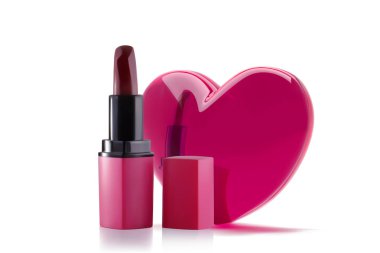 3d gerçekçi kalp pembe rujla. Ruj aşk kavramı banner tasarımı. Vektör nesnesi beyaz arka planda izole makyaj.