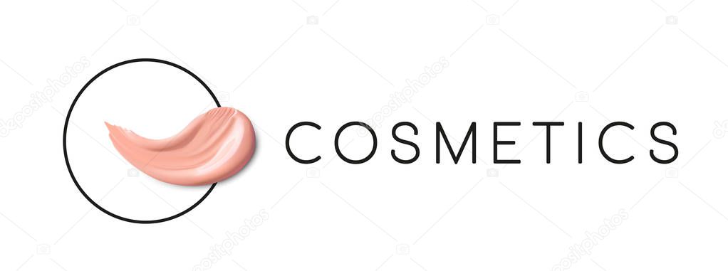 Cosmetic Logo concept. Design of Lliquid foundation smudge smear stroke. Makeup design template with place for text. Foundation and lipstick smear stroke