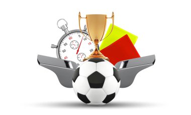 Futbol topu, düdük bir kronometre, sarı ve kırmızı kart ile. Futbol hakem nesneleri, kupa, top, beyaz arka plan illüstrasyon izole ile simgeler kümesi.