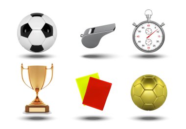 Gerçekçi futbol hakem nesneleri, kupa, futbol topu, kronometre, beyaz arka plan illüstrasyon izole sarı ve kırmızı kart ile simgeler kümesi.