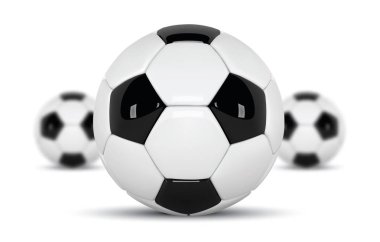 Gerçekçi futbol topu veya beyaz arka plan üzerinde futbol topu. Üç 3d stil top beyaz arka plan üzerinde izole kümesi. Futbol tasarım bulanık topları ile