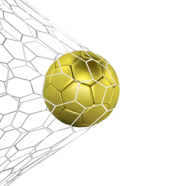 Balón de fútbol realista dorado o balón de fútbol en red isilado sobre fondo blanco. Bola de estilo 3d. Fútbol partido gol momento — Foto de Stock