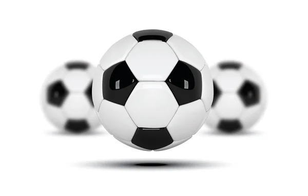 Ρεαλιστικός ΜΠΆΛΕΣ ποδοσφαίρου ή ποδοσφαίρου μπάλα σε λευκό φόντο. Σετ από τρία 3d στυλ μπάλα που απομονώνονται σε λευκό φόντο. Ποδόσφαιρο σχεδιασμό με θολή μπάλες — Φωτογραφία Αρχείου