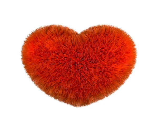 Czerwone serce puszysty. Furry pluszowe serce na białym tle. Miłość serca kształt czerwony puszyste miękkie poduszki i poduszki na Walentynki. renderowania 3D. — Zdjęcie stockowe