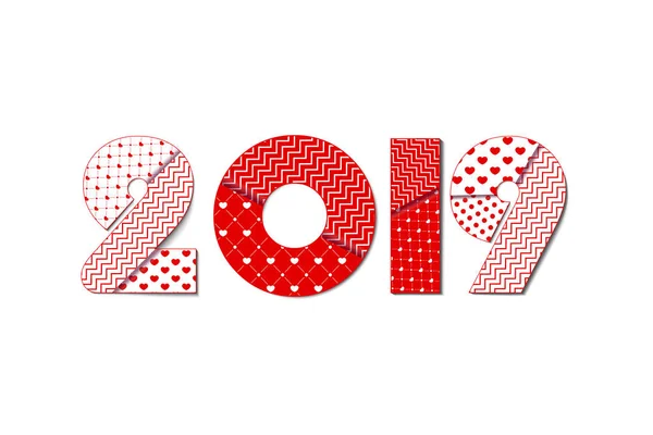 Glückliches neues Jahr 2019 Grußkarte. Feier weißer Hintergrund mit Herzen, Nummer 2019 und Platz für Ihren Text. Vektorillustration. — Stockvektor