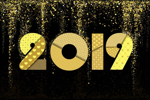 Glückliches neues Jahr 2019 Grußkarte. Feier weißer Hintergrund mit Herzen, Nummer 2019 und Platz für Ihren Text. Vektorillustration. — Stockvektor