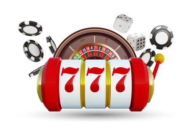 Casino arka plan rulet tekerleği ile iskambil, zar ve patates kızartması. Online casino poker tablo konsept tasarımı. Mavi arka plan üzerinde üstten görünüm beyaz zar ve cips. Casino işareti. 3D çizim.