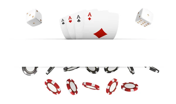 Casino fichas rojas y negras y tarjetas aisladas en blanco realista 3d objetos. Banner de casino en línea con lugar para el texto. Póquer realista fichas dados y cartas en el aire. Concepto de juego — Foto de Stock