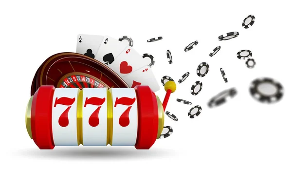 Casino arka plan rulet tekerleği ile iskambil, zar ve patates kızartması. Online casino poker tablo konsept tasarımı. Mavi arka plan üzerinde üstten görünüm beyaz zar ve cips. Casino işareti. 3D çizim. — Stok fotoğraf