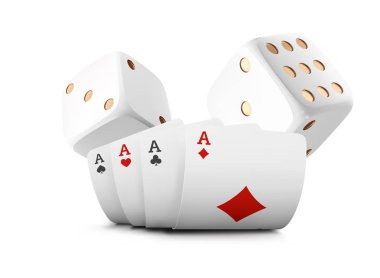 İskambil, Zarlı poker casino beyaz arka plan üzerinde uçmak. Poker casino illüstrasyon. Online casino oyun kumar 3d kavramını, poker mobil app simgesi.