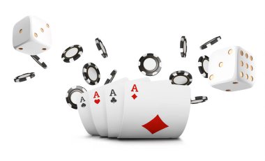 İskambil, poker fişleri ve zar casino beyaz arka plan üzerinde uçmak. Poker casino illüstrasyon. Online casino oyun kumar Tablo 3B kavramı