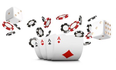 İskambil, poker fişleri ve zar casino beyaz arka plan üzerinde uçmak. Poker casino illüstrasyon. Online casino oyun kumar 3d kavramını, poker mobil app simgesi