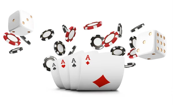 Jogando cartas, fichas de poker e dados voar casino no fundo branco. Ilustração do casino de poker. Jogo de casino online jogo 3d conceito, ícone de aplicativo móvel de poker — Fotografia de Stock