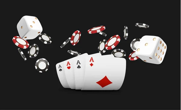 Giocare a carte e poker chips volare casinò. Concetto su sfondo nero. Illustrazione del casinò di poker. Chip realistico rosso e nero nell'aria. Concetto di gioco d'azzardo, icona dell'app mobile poker — Foto Stock