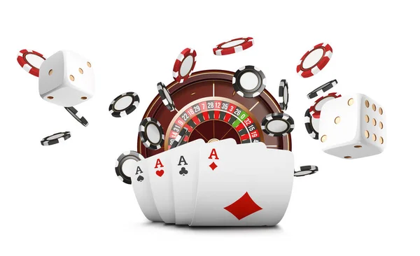 トランプ、ポーカー チップ、カジノを飛ぶ。白い背景の上のカジノ ルーレット概念。火かき棒のカジノの図。空気中の赤と黒の現実的なチップ。ギャンブル ポーカー モバイル アプリのアイコン. — ストック写真