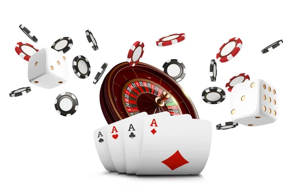 Speelkaarten en fiches vliegen casino. Casino roulette concept op witte achtergrond. Poker casino illustratie. Rode en zwarte realistische chip in de lucht. Gokken poker mobiele app icoon. — Stockfoto